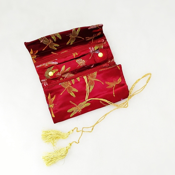 Red Brocade Jewelry Organizer Roll Bag Travel Jewel Pouch Woven Dragonfly Large - Picture 2 of 11